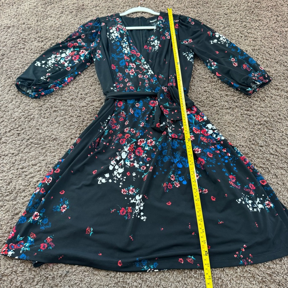 DKNY Black Floral Print Belted Wrap Dress Jersey 3/4 Sleeves 6 - Picture 7 of 11